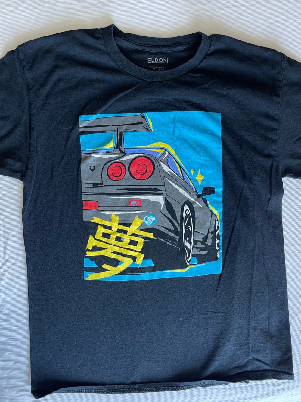 Eldon Black Long Sleeve Tee with Blue & Yellow Car Graphic